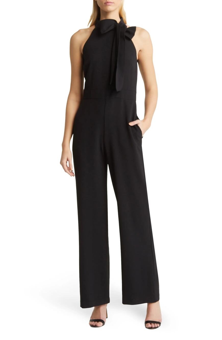 Vince Camuto Black Bow Neck Halter Jumpsuit Women's 14 Wide Leg Quiet Luxury NEW